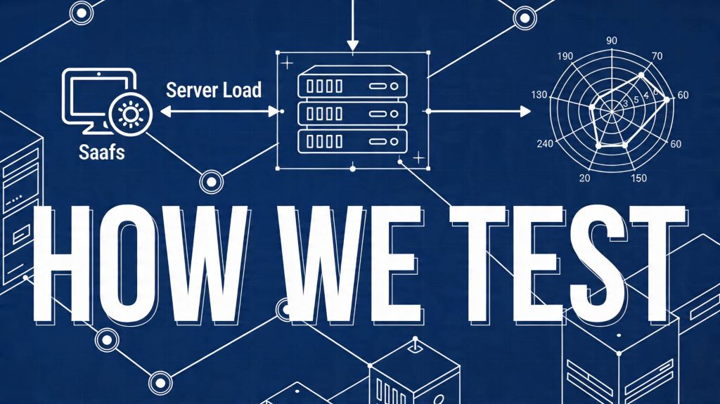 Technical blueprint showing RankPlot's hands-on software review testing workflow and scoring process