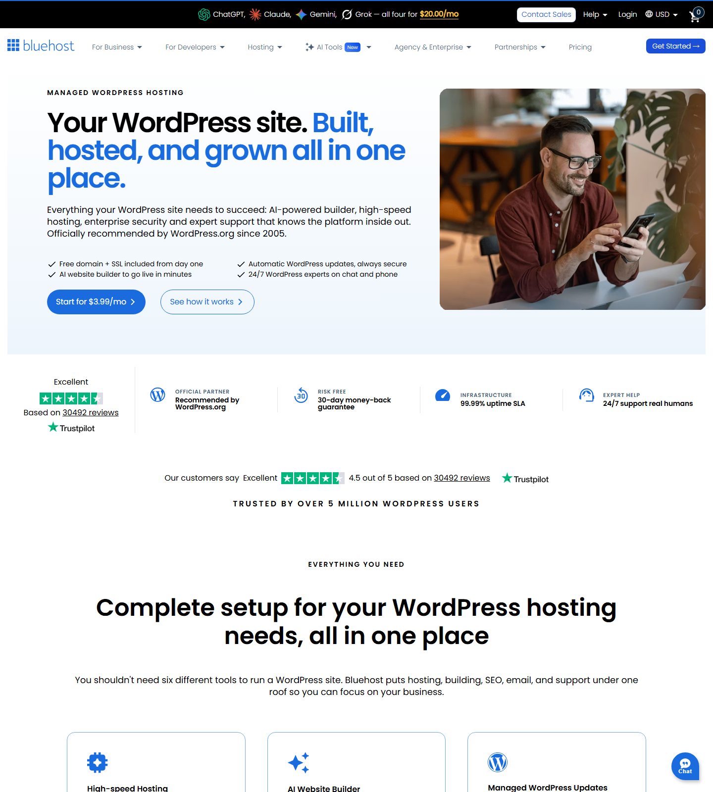 Bluehost WordPress hosting page showing beginner WordPress setup positioning