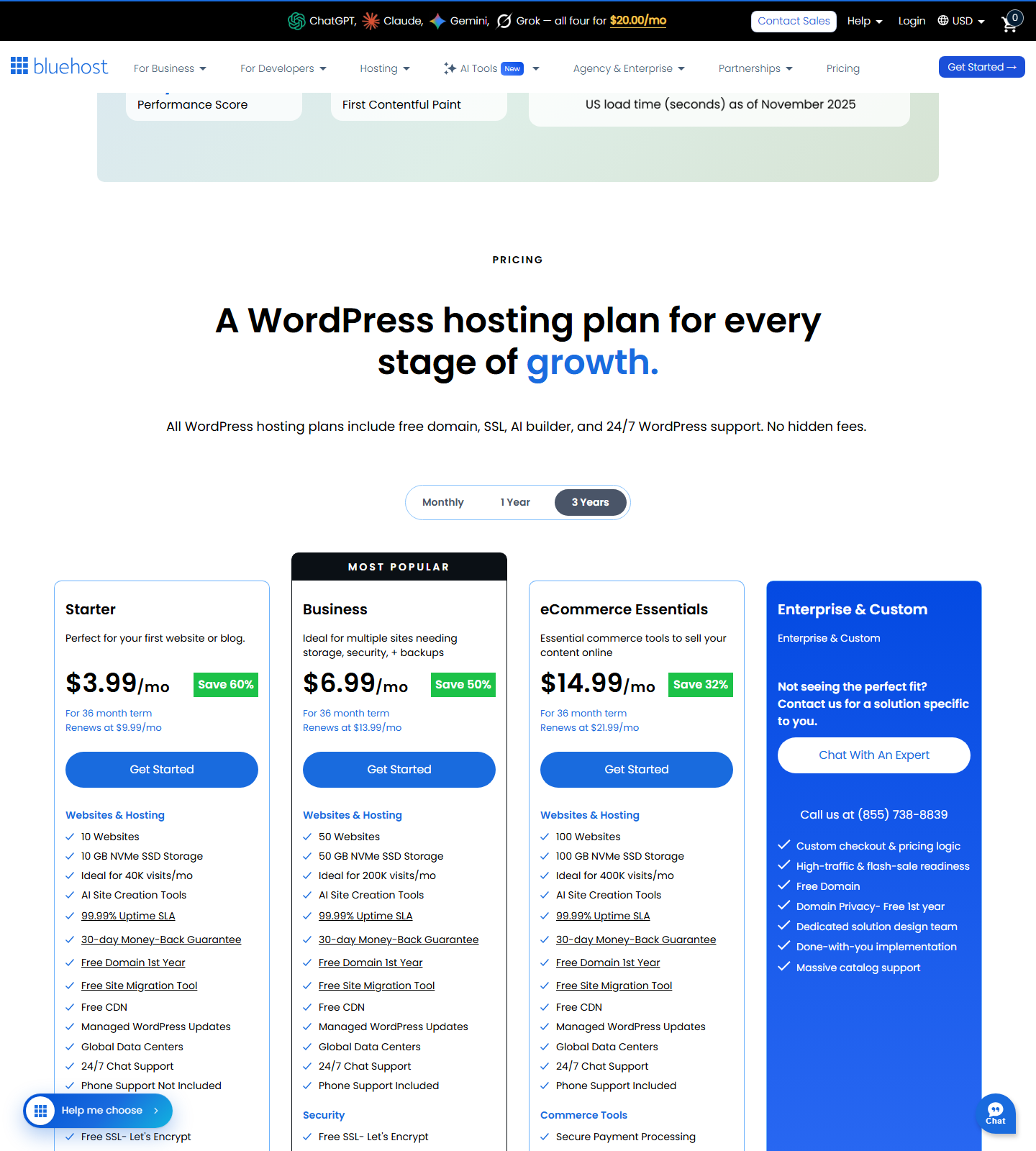 Bluehost WordPress hosting pricing table with promo and renewal prices checked June 22 2026