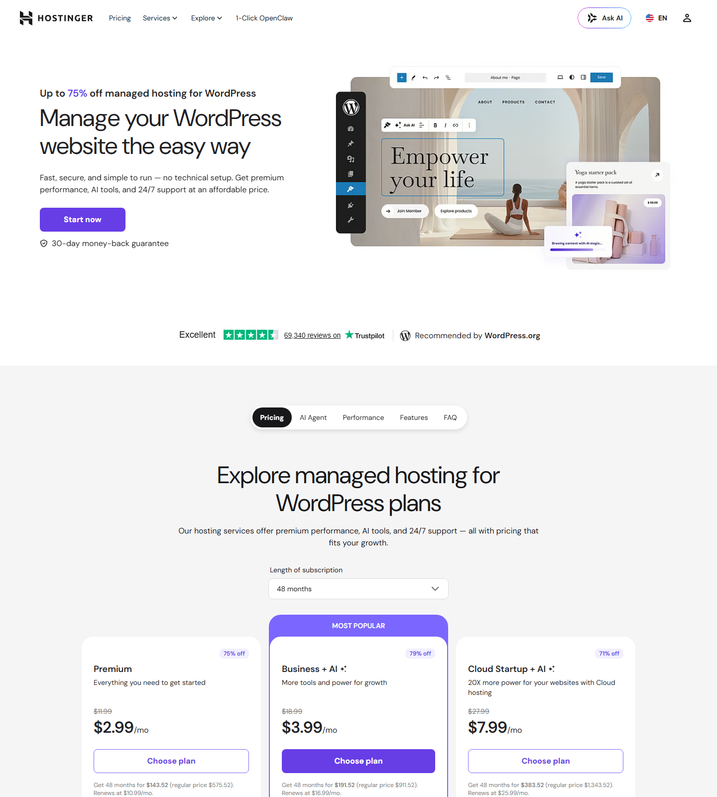 Hostinger WordPress hosting page showing managed WordPress hosting positioning
