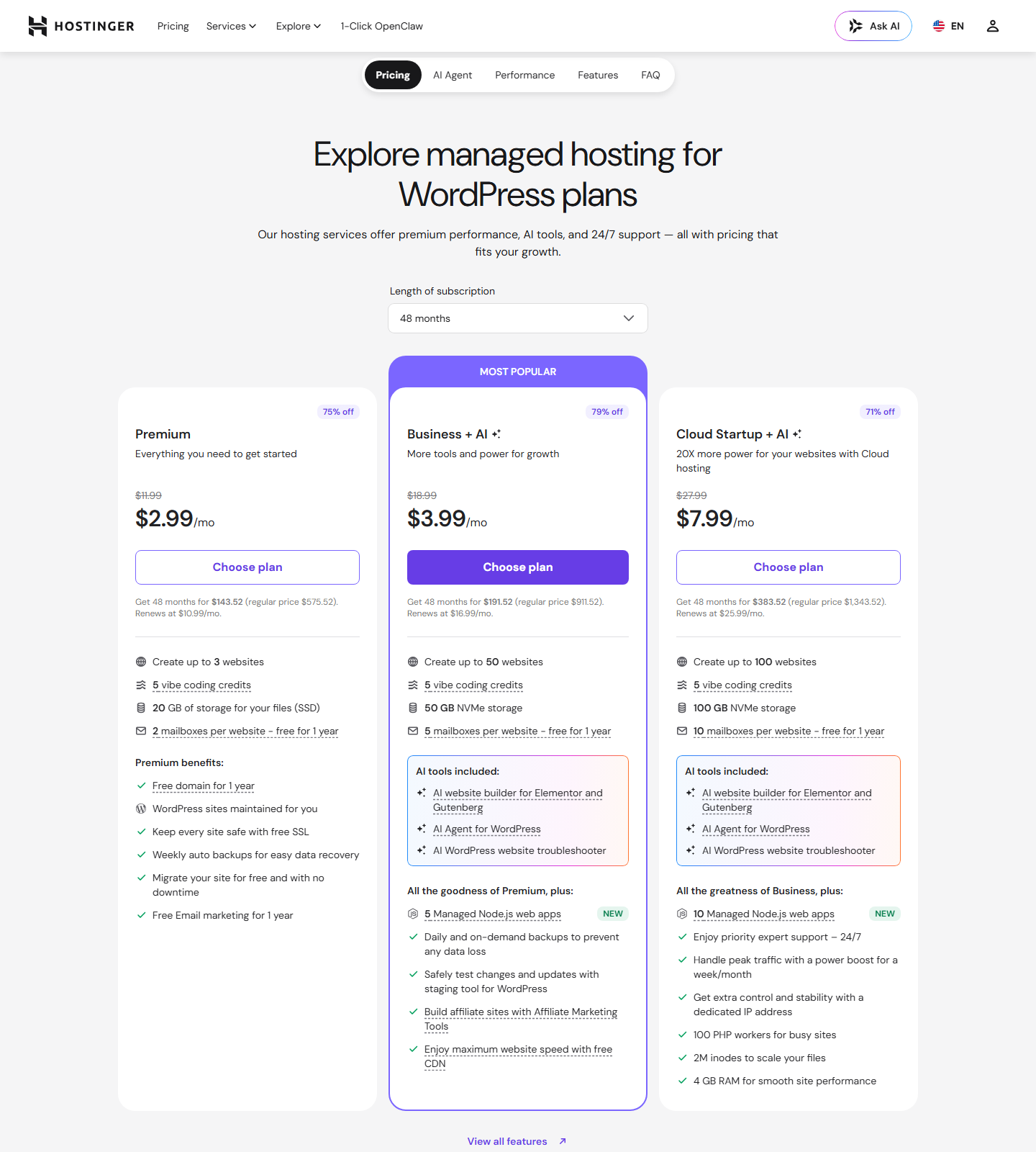 Hostinger WordPress hosting pricing table with promo and renewal prices checked June 22 2026