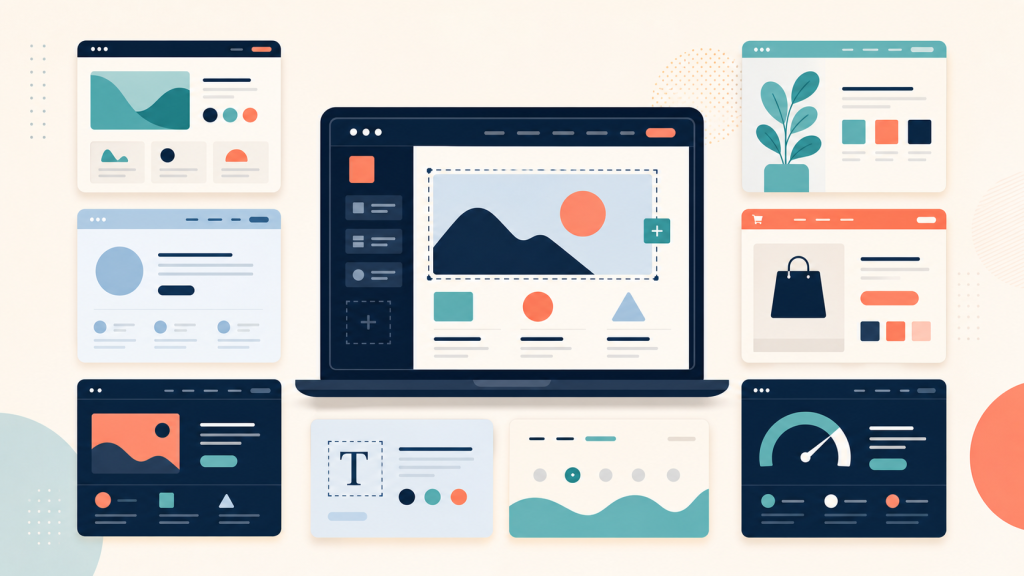 Abstract illustration of theme selection cards around a WordPress website layout