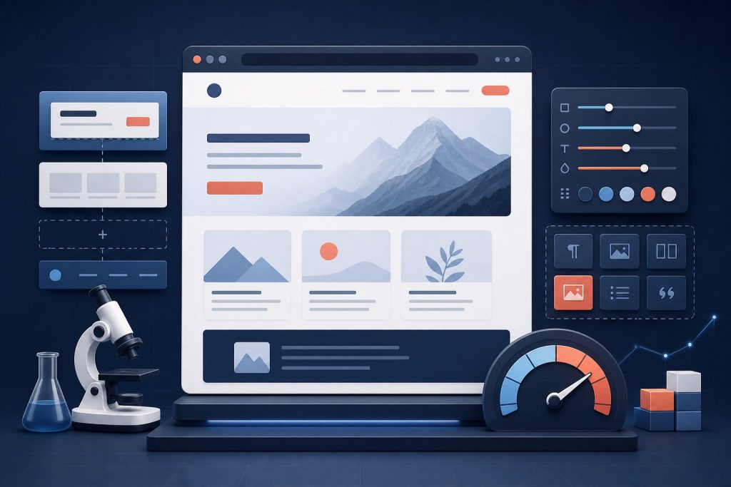 Editorial illustration of a WordPress theme review test lab